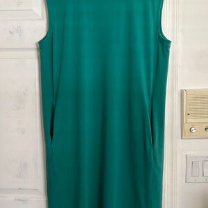 Eileen Fisher teal knee length Sleeveless Dress with pockets 100% cotton